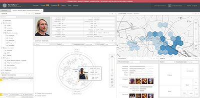 Interface design and data visualizations of a fictional surveillance software